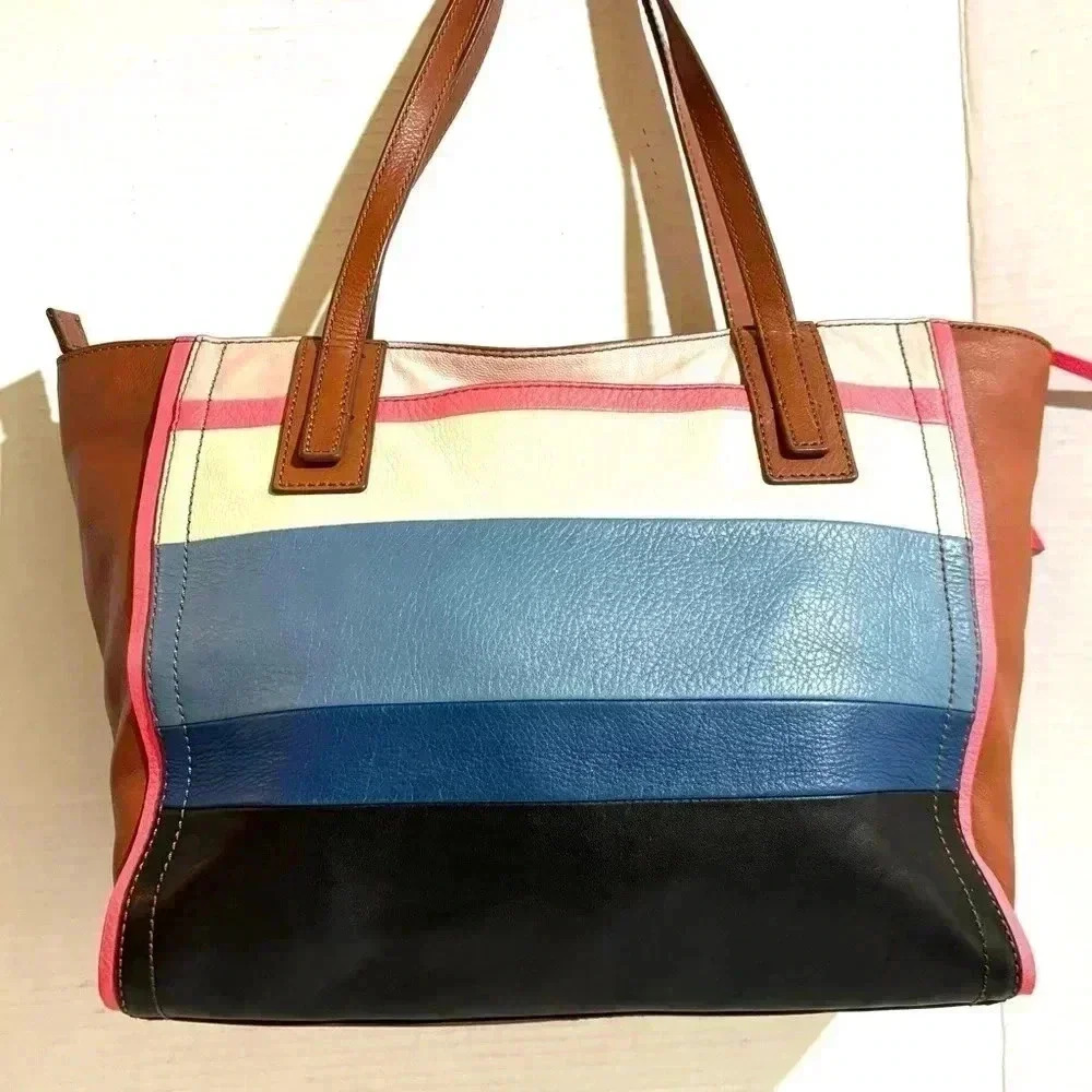Fossil Emma Multicolor Patch Work Pebbled Tote Ha… - image 1